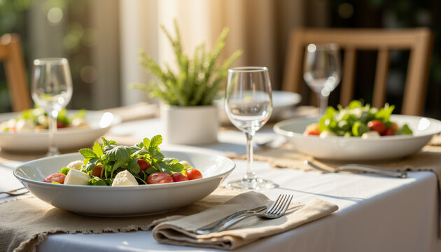 Fresh salad served on a dining table with wine glasses and plants  