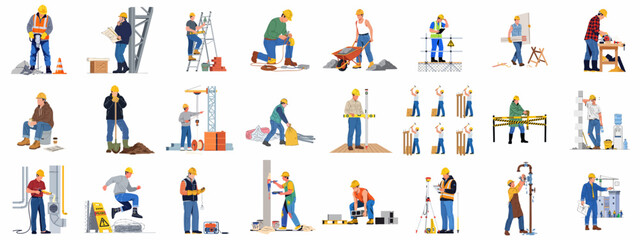 Comprehensive collection of flat vector illustrations showcasing diverse construction workers performing various building, renovation, and maintenance tasks with tools and equipment. © Sabiqul