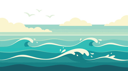 Colorful flat design illustration of ocean waves, sky, and flying birds © AS_StockNation