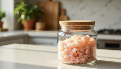 Glass jar filled with pink Himalayan salt on kitchen countertop  