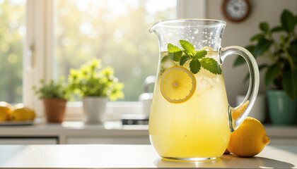 Fresh lemonade pitcher with lemon slices and mint in sunlight  