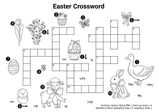 Easter crossword puzzle worksheet vector with cute bunny duck chick lamb and holiday symbols for kids coloring activity