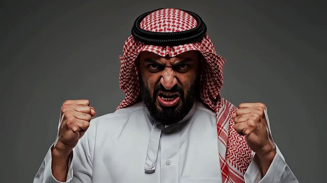 Angry Arab man in traditional clothing expressing frustration.