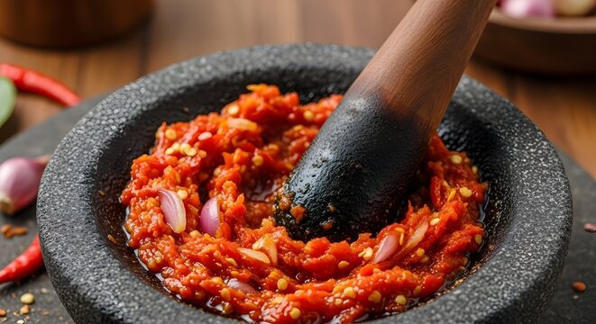 A close-up shot of fresh Indonesian red chili paste (sambal) being ground in a traditional black stone mortar (cobek) with a wooden pestle (ulekan).