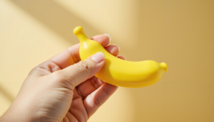 Yellow plastic banana held in hand against yellow background  