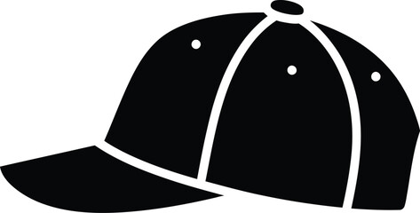 Fototapeta premium A black silhouette icon of a baseball cap with a prominent visor and stitched details on a white background.
