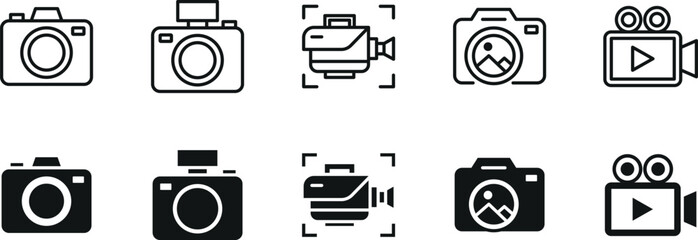 Camera and Video Icon Set, Photography Line and Solid Media Icons Collection, Black Vector Isolated on White Background