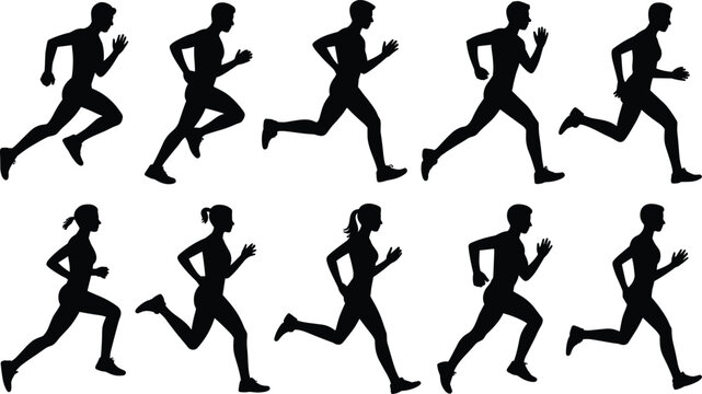 Collection of Male and Female Running Silhouettes in Motion Keywords: running, silhouette, runner, athlete, sport, fitness
