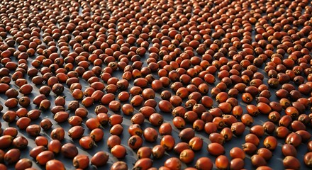 Fototapeta premium Abundant Palm Oil Fruit Drying Outdoors on Surface for Processing