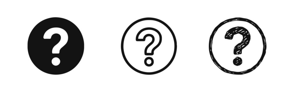 Doodle style question mark icons. Hand drawn help and inquiry symbols in a circle.