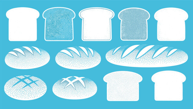 Artistic stippled illustration of various bread shapes including loaves and baguettes in white and blue tones on a bright blue background.