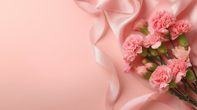 A lovely bouquet of pink carnations rests on a soft pink surface with delicate ribbons Generative AI