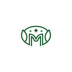 Modern Minimalist Letter M Logo Design with Green Leaves and Stars for Wellness and Organic Brand Identity