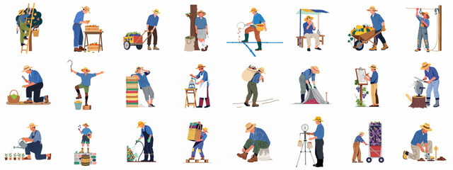 Fototapeta premium Farmers engaged in diverse agricultural activities, including planting, harvesting, and processing various fruits and vegetables, showcasing farm work and life.