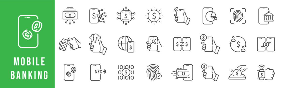 Mobile banking icon set featuring digital payments, money transfer, mobile wallet, biometric security, and online banking functions in clean outline style.