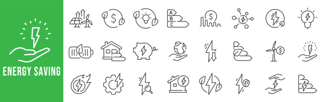 Energy saving icon set representing renewable energy, power efficiency, smart consumption, cost reduction