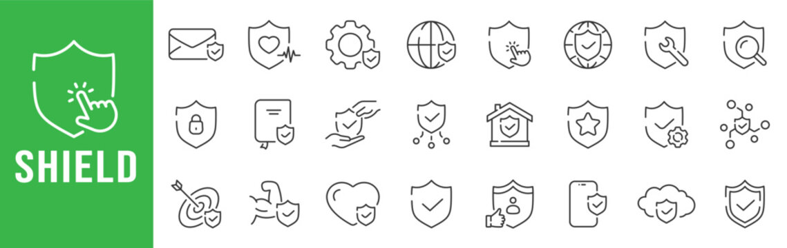 Shield icon set illustrating security, protection, cybersecurity, privacy, authentication, and trust concepts in clean outline, editable stroke