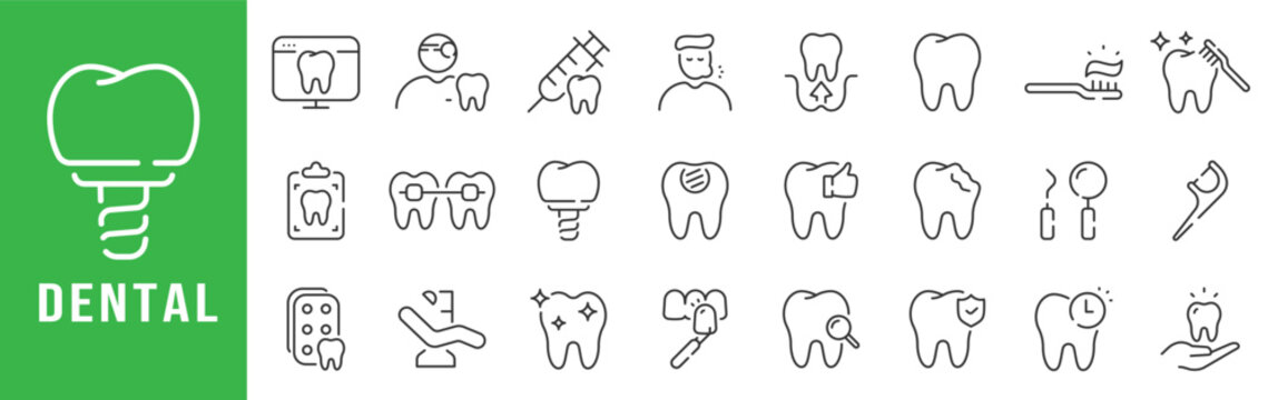 Dental icon set illustrating oral care, dentistry, tooth treatment, hygiene, and dental healthcare in clean outline style.