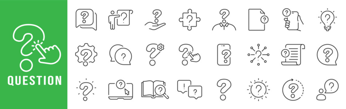 Question icon set illustrating asking, inquiry, help, FAQ, problem solving, and information search in clean outline style.