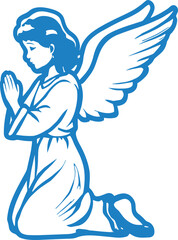 Fototapeta premium Serene angel kneeling in prayer, wings extended against a stark white background