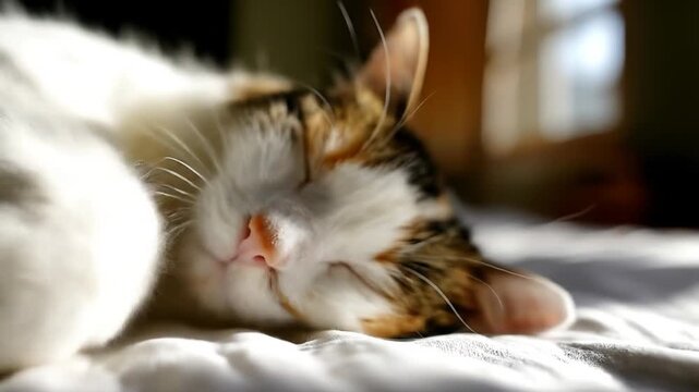 Close up of a sleeping cat in sunlight on a white surface