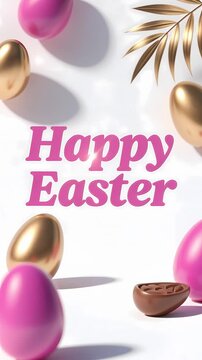 a white background with pink and gold Easter eggs scattered around. Text "Happy Easter" in pink.