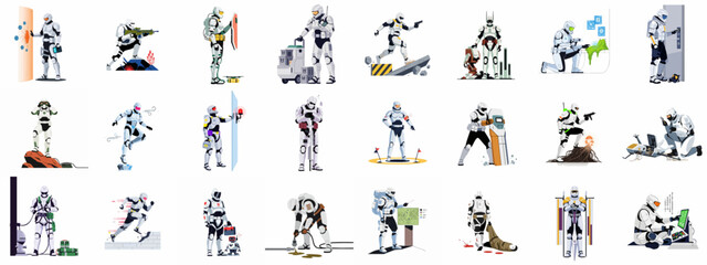 Naklejka premium Futuristic Armored Soldiers: A Diverse Collection of Sci-Fi Activities, from Combat and Exploration to Tech Interaction and Specialized Missions in Space.