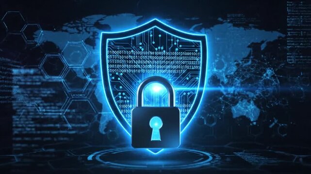 Cybersecurity shield with glowing padlock protecting global data and secure information systems, symbolizing robust internet privacy and digital defense