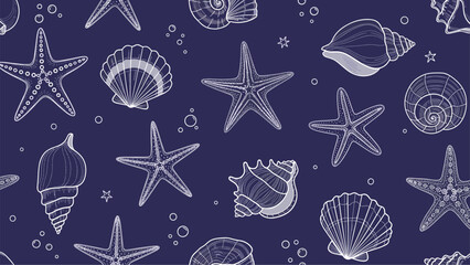 Intricate seashell and starfish pattern with white hand drawn outlines on a dark navy blue background for nautical and maritime themes.