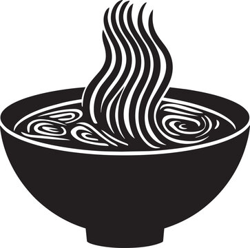 Black and white illustration of a bowl filled with noodles and steam rising upwards