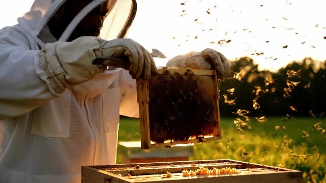 Beekeeper in protective suit tending to beehive with bees in golden sunlight.