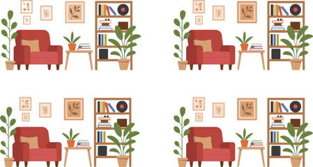 Cozy living room interior variations with armchair bookshelf plants and wall decor, modern home furniture arrangement flat vector illustration set © Sophia Creatives