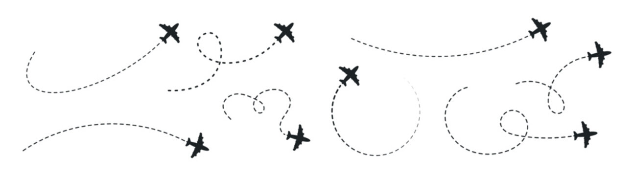 Airplane flight path icons with dotted route lines and travel trails on transparent background
