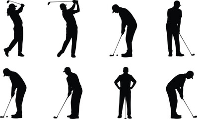 Obraz premium Eight black silhouettes of golfers in various stages of playing golf Keywords: golfer, golf, sport, player, athlete, swing