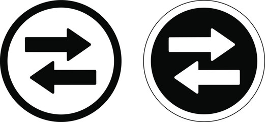 Bidirectional arrow icons, data transfer symbol, communication design, opposite direction arrows, interface element, black white contrast, cad drawing flat vector illustration