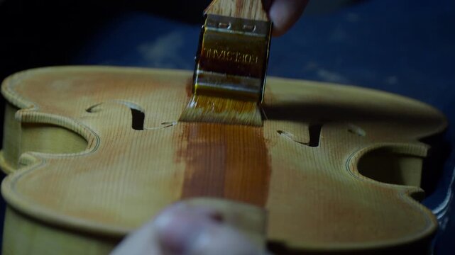 Luthier hands brushing golden amber varnish onto a violin or viola back plate, revealing the flaming and wood chatoyance with smooth layered strokes