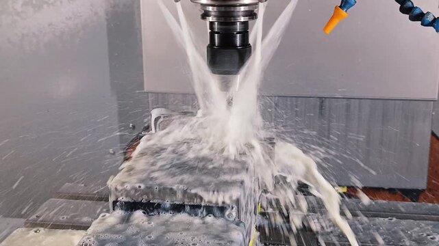 Automated cnc machine drilling and milling a metal block with a coolant fluid in a factory