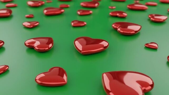 Scattered red hearts glistening on a bright green surface in a stunning display