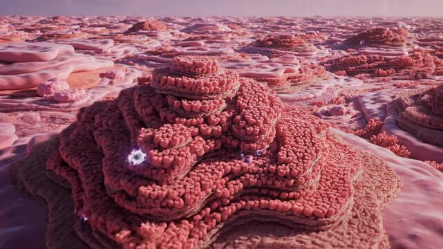 Slow aerial-like microscopic pan across a vast textured landscape of layered pink and coral organic tissue simulating cellular growth and bio-engineering natural, concept, biology