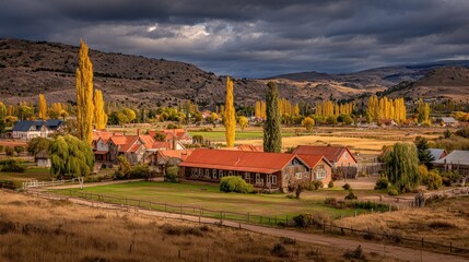 Scenic countryside village nestled among rolling hills under a dramatic sky displays vibrant autumnal foliage
