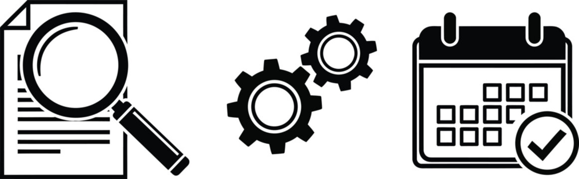 A set of three distinct black silhouette icons representing advisory and planning: a magnifying glass over a document, two interlocking gears for strategy, and a calendar with a checkmark for planning
