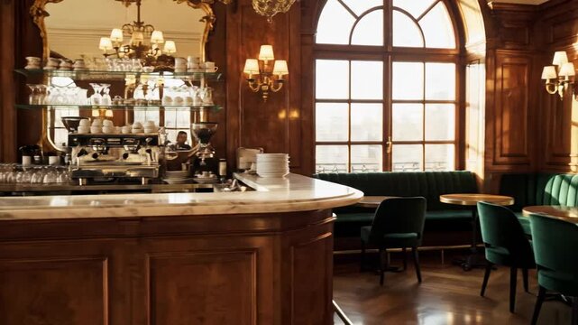Slow atmospheric pan across the sunlit, empty interior of a sophisticated European cafe focusing on plush velvet seating and rich polished wood accents afternoon, slow movement, sunlit empty interior