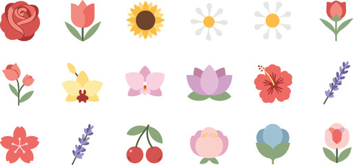 Cute Floral Flat Vector Icons Set Featuring Rose, Tulip, Sunflower, Daisy, Lotus, Lavender, Cherry and Spring Garden Flowers © MDRahamat