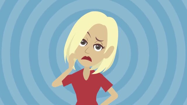 Sick woman feeling headache and stress animation, illness symptoms and health problem concept, medical awareness scene, 2D cartoon
