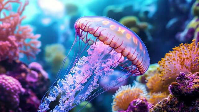 Colorful jellyfish moves gracefully in a coral reef during daytime in an underwater environment filled with marine life