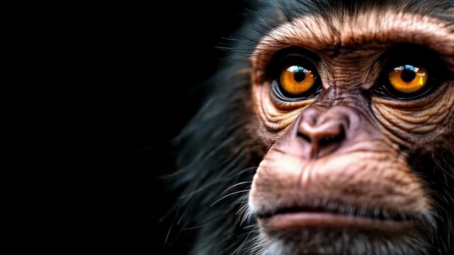 Close-up of a monkey showing its facial features in a dark environment during daytime