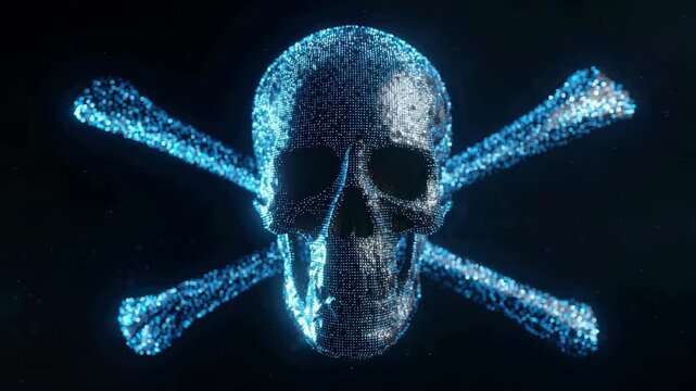 Digital Skull and Crossbones Symbol in Blue Light with Glowing Particle Effects