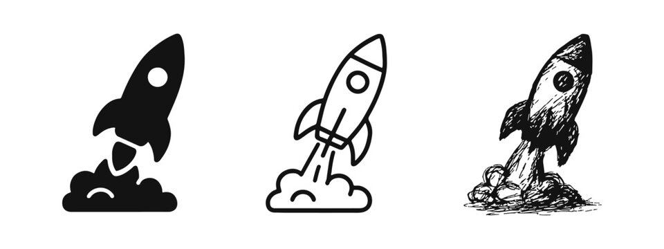 Rocket launch icon set. Startup, innovation, and progress symbols in solid, outline, and hand-drawn styles.