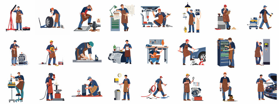 Comprehensive collection of illustrations depicting various mechanics and technicians engaged in diverse car repair and workshop maintenance tasks, showcasing their expertise and tools.