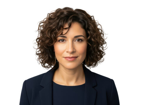 Professional woman with curly hair in business attire isolated on transparent background